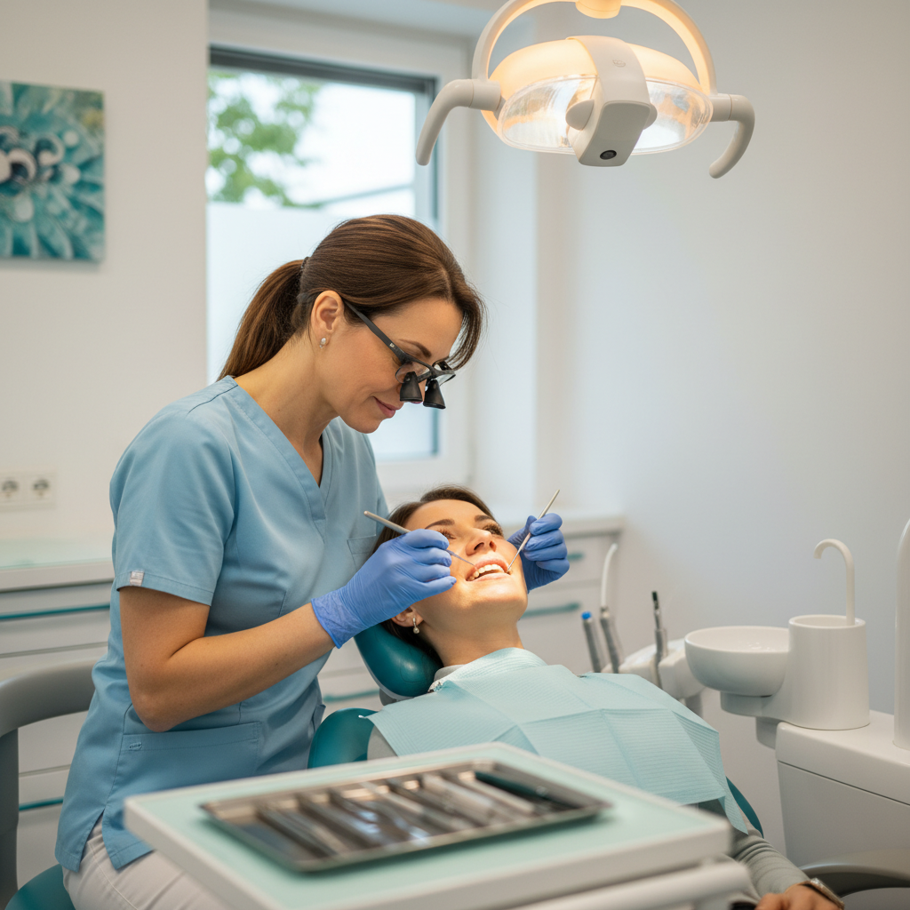 Periodontist examining healthy gums during dental checkup